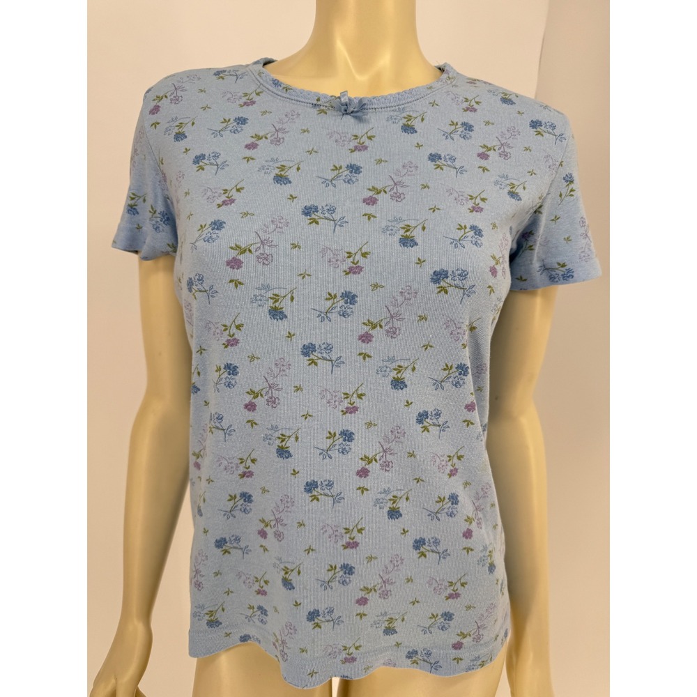 Vintage 90s Regatta Floral Cottagecore Silk Bow Ribbed Top Blue‎ Large